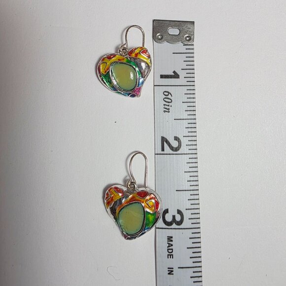 Colorful Enamel Heart Dangle Earrings - Silver Tone - Picture 7 of 8